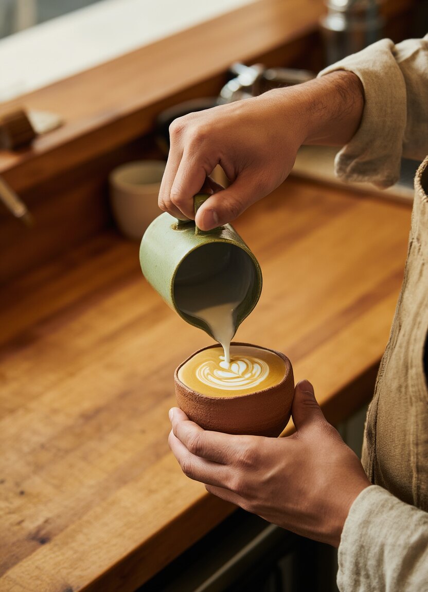 A hand pouring leaf latte art into a cup at the counter