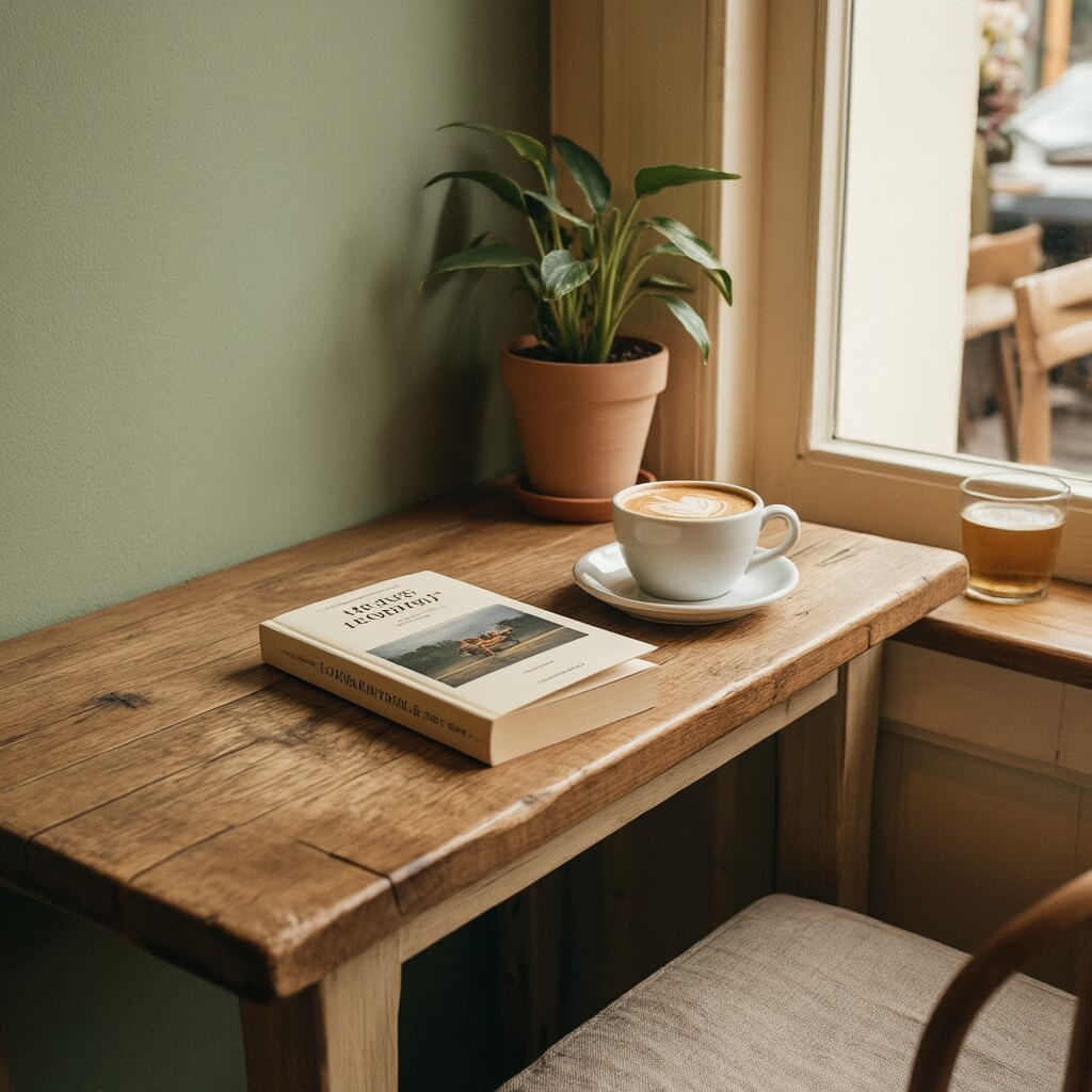 A cozy reading corner with a book and a latte on a wooden windowsill beside a plant