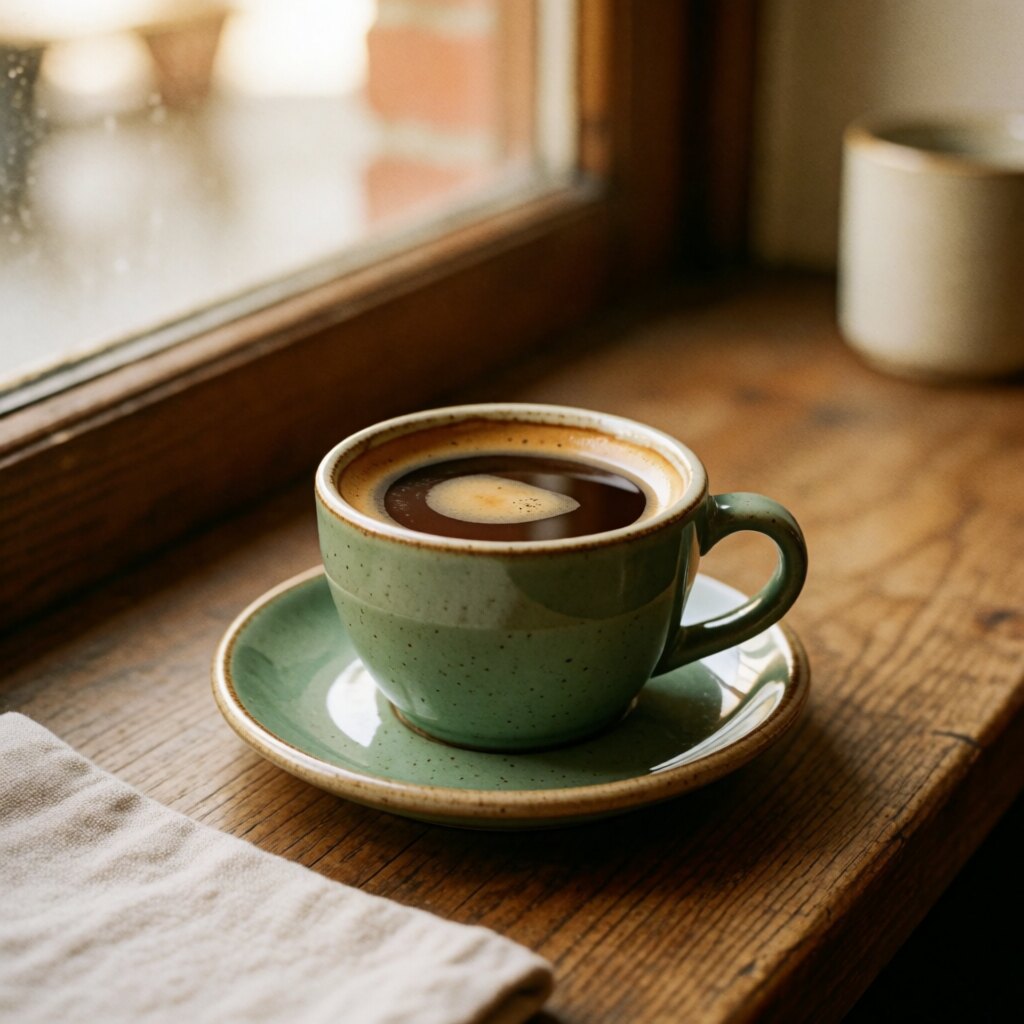 An americano coffee with golden crema in a sage green ceramic cup on a saucer