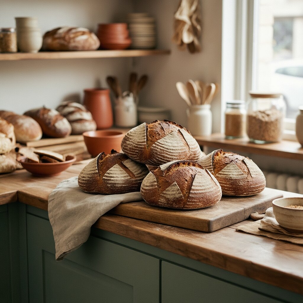 Rustic artisan sourdough loaves on a wooden board