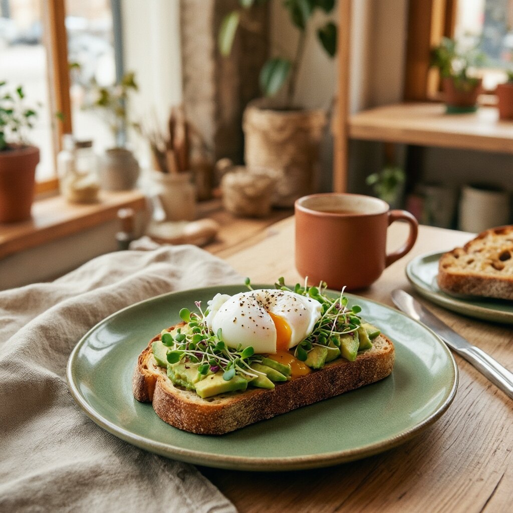 Avocado toast with poached egg and microgreens