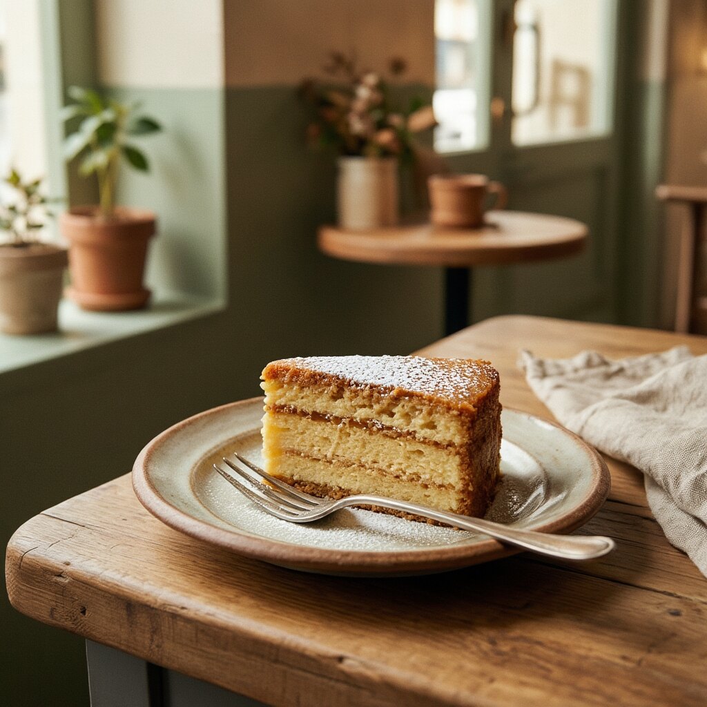 A slice of layered vanilla honey cake dusted with powdered sugar