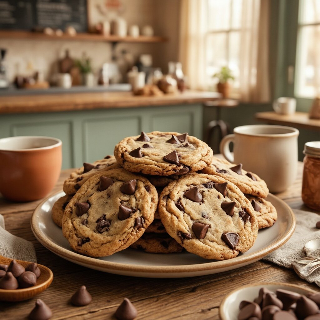 A plate of homemade chocolate chip cookies stacked together