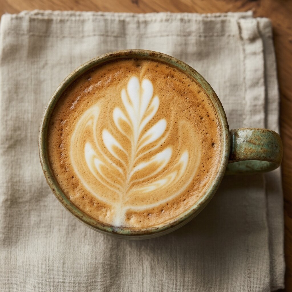 A cappuccino with delicate leaf latte art in a handmade ceramic mug