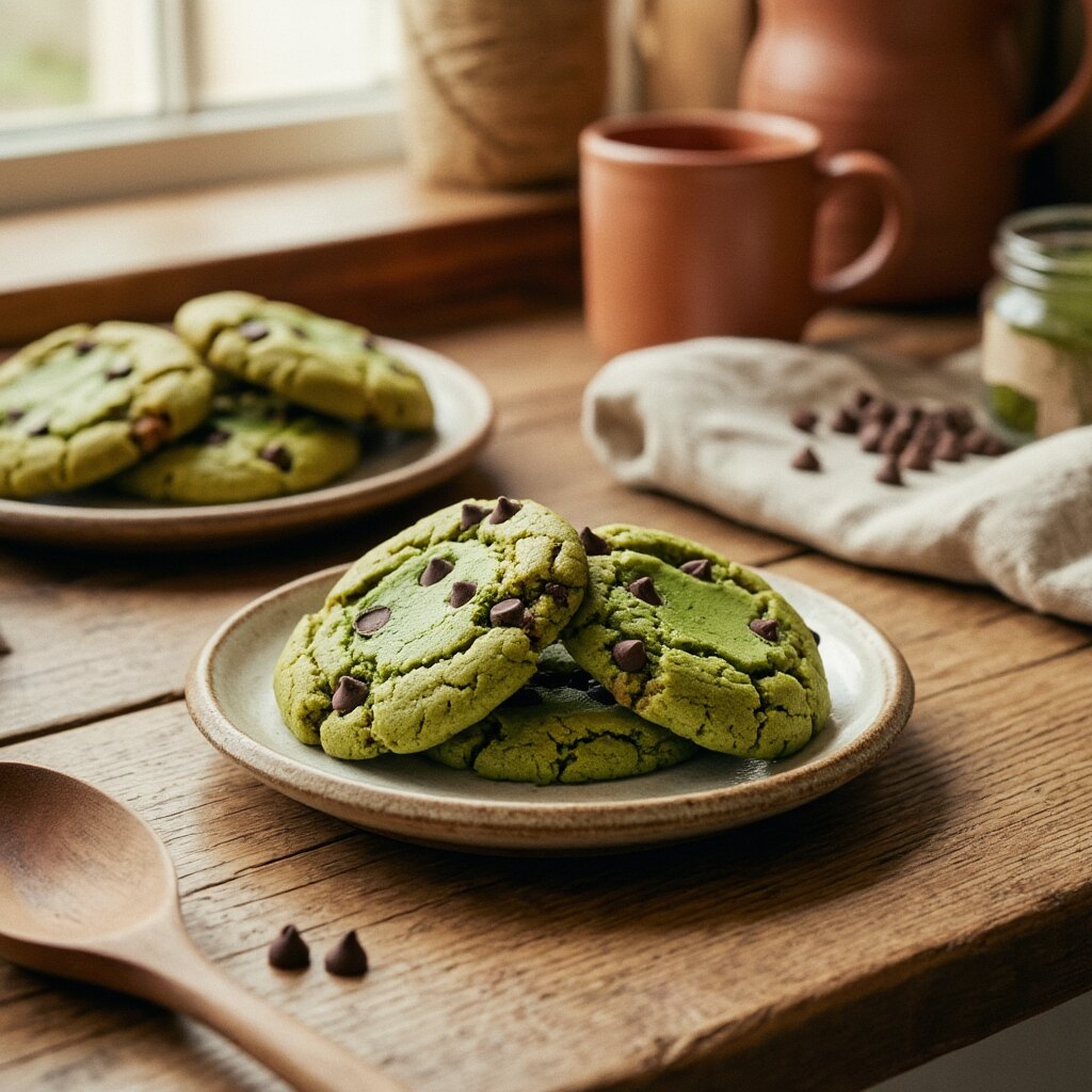 A plate of homemade chocolate chip and matcha cookies stacked together