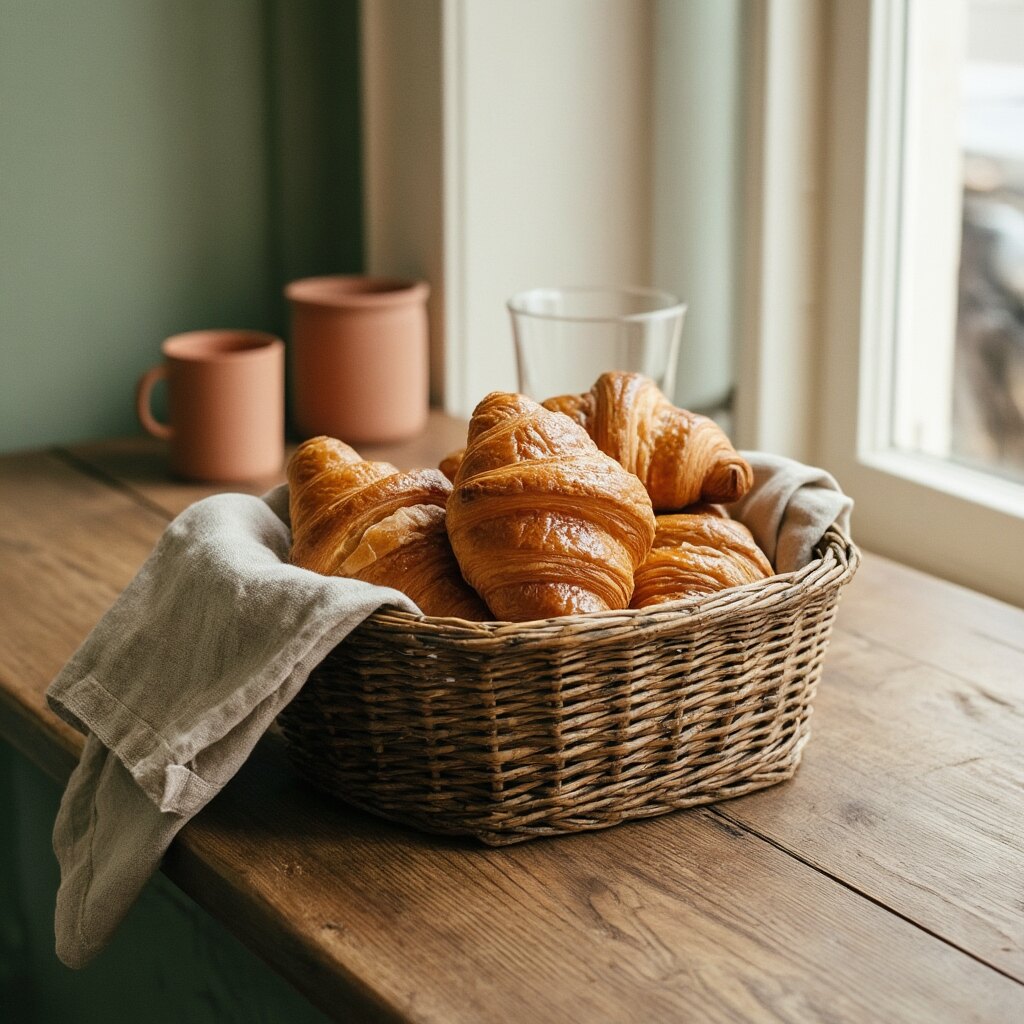 Fresh golden butter croissants in a woven basket