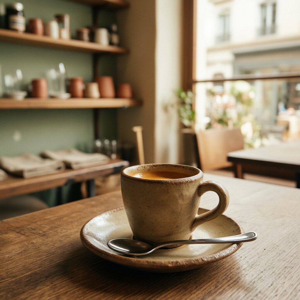 A single espresso shot in a small clay cup on a saucer
