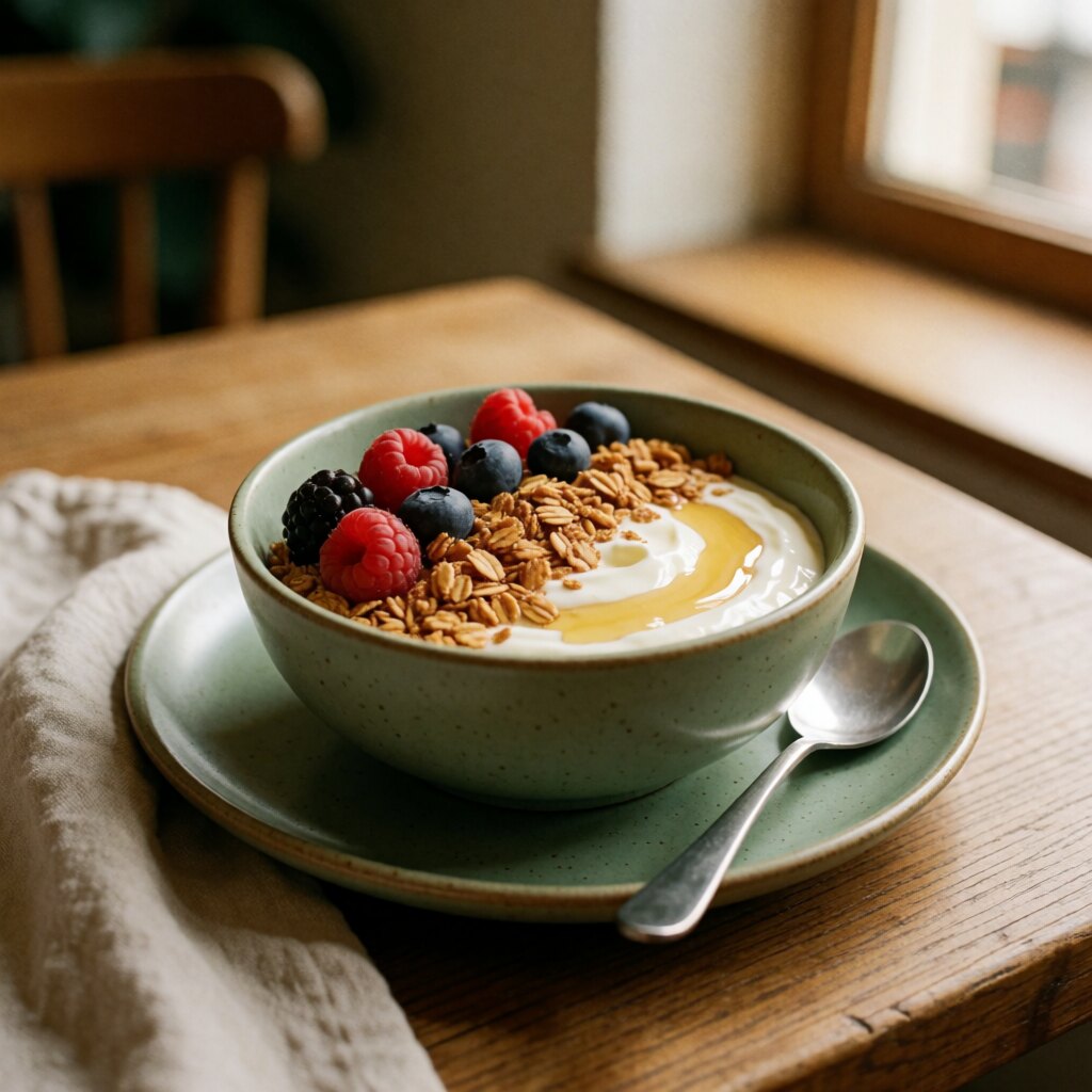 A granola bowl with yogurt, berries and honey in a sage green ceramic bowl