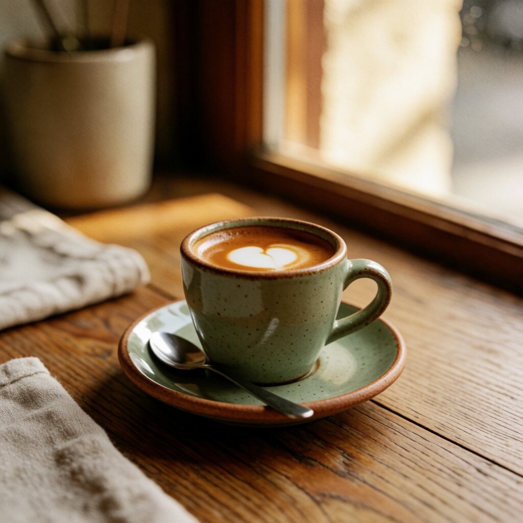 An espresso macchiato marked with a dollop of milk foam in a clay cup