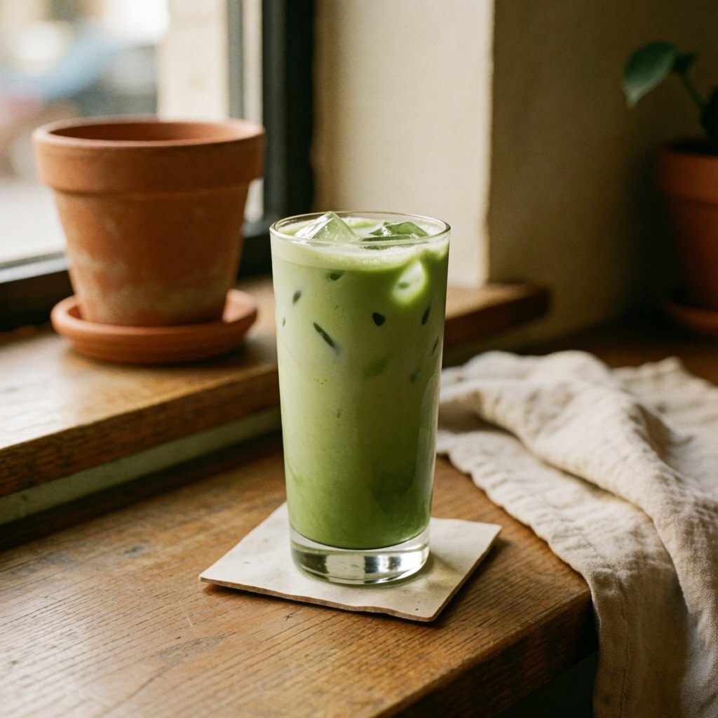 A tall glass of iced matcha latte softly swirled with green and cream