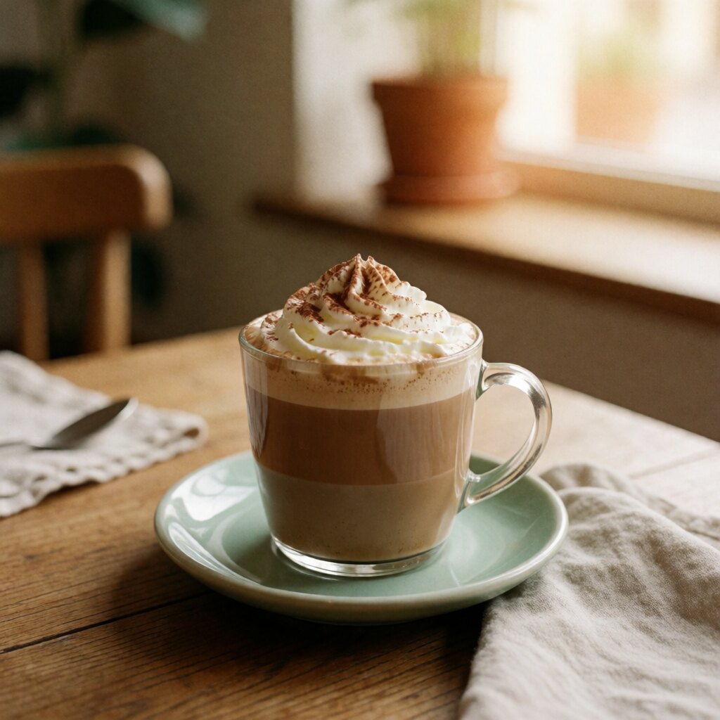 A mocha coffee in a glass mug topped with whipped cream and cocoa