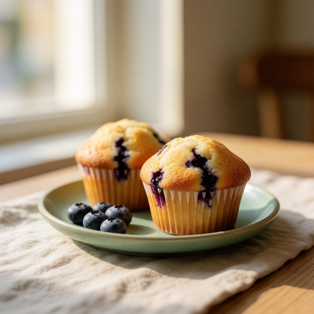 Two fresh blueberry muffins on a sage green plate