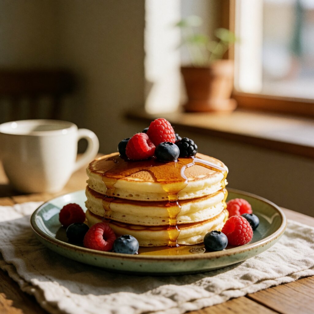 A stack of fluffy buttermilk pancakes with berries and maple syrup