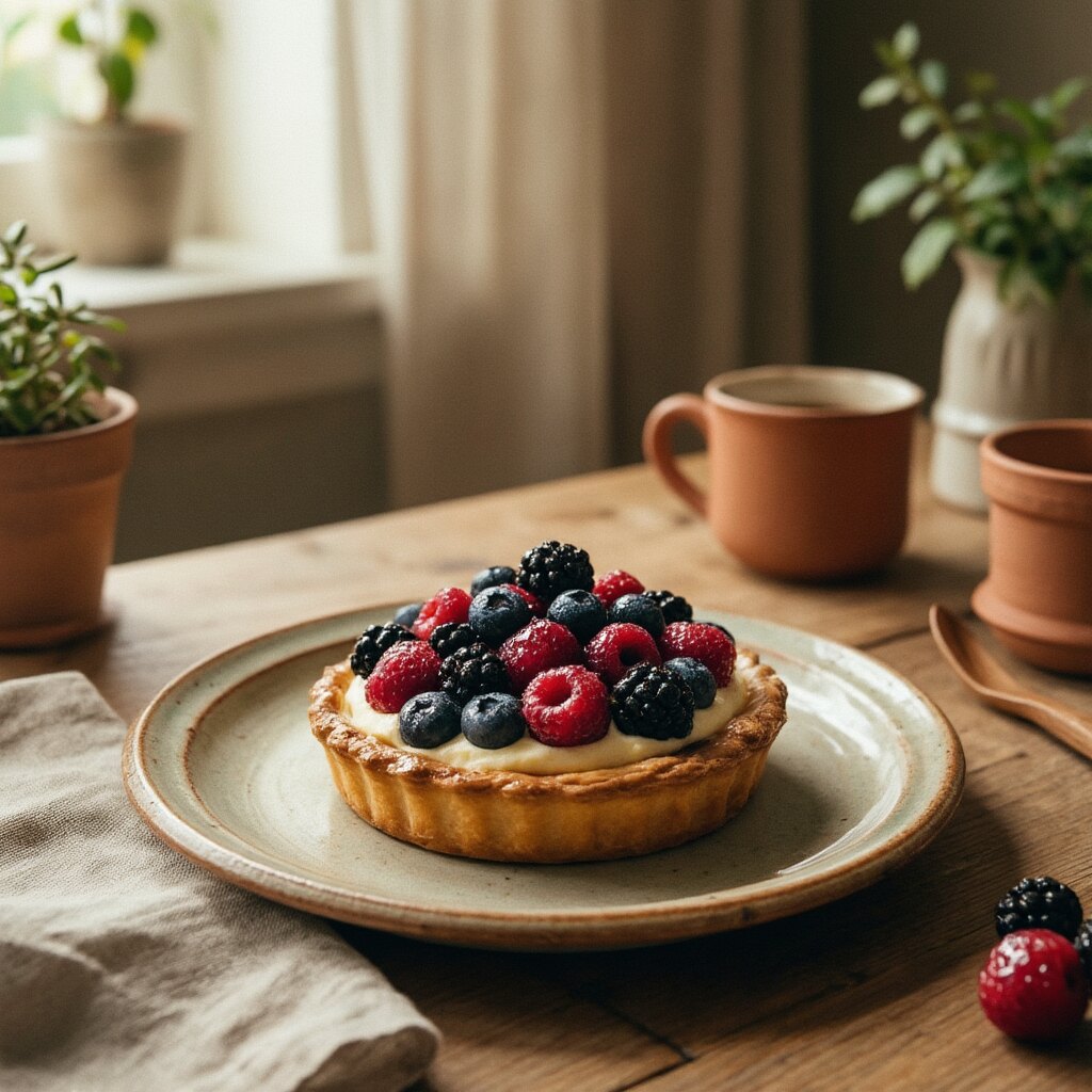 A fresh berry fruit tart with pastry cream on a ceramic plate