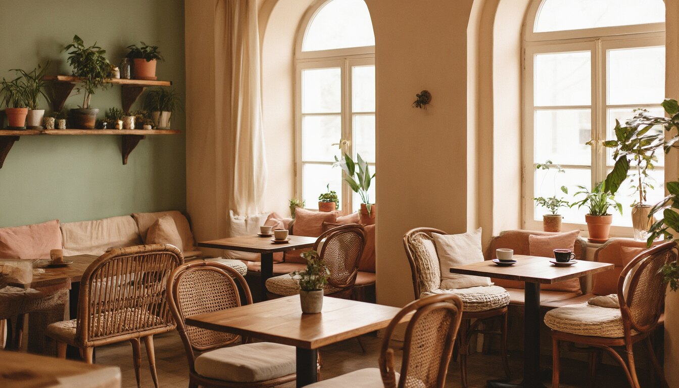 The warm interior of Star Cafe with wooden tables, rattan chairs, potted plants, and soft morning light through big windows